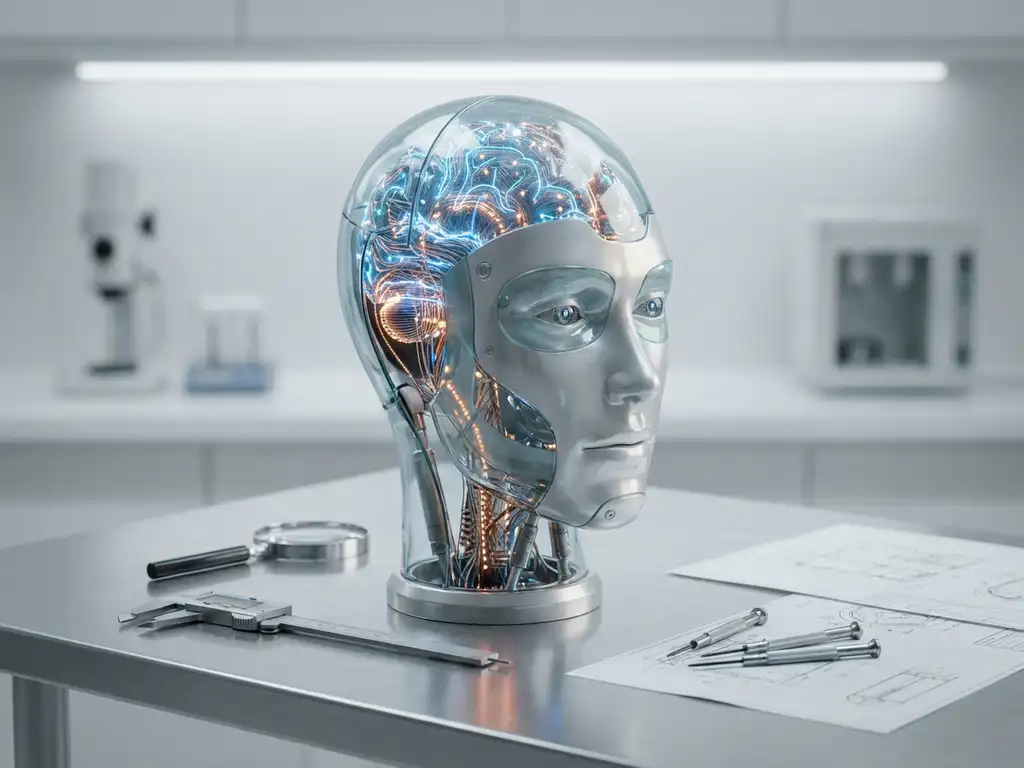 Sophisticated humanoid robot head with translucent panels showing glowing circuits on laboratory workbench with tools