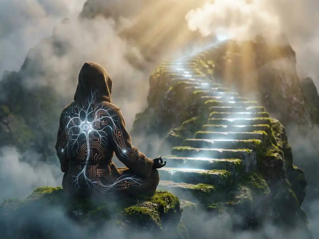 Silhouetted person meditating with glowing neural networks inside body, ascending stone steps with blue light in background