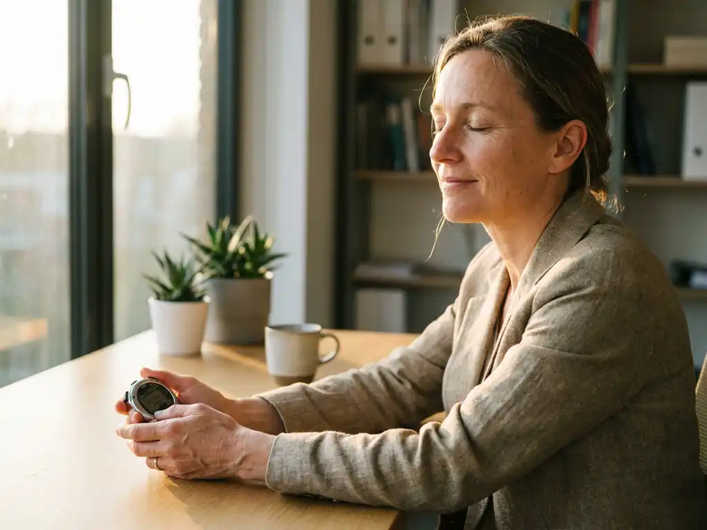 Professional woman meditating at modern desk holding stopwatch showing 15 minutes in bright office with plants