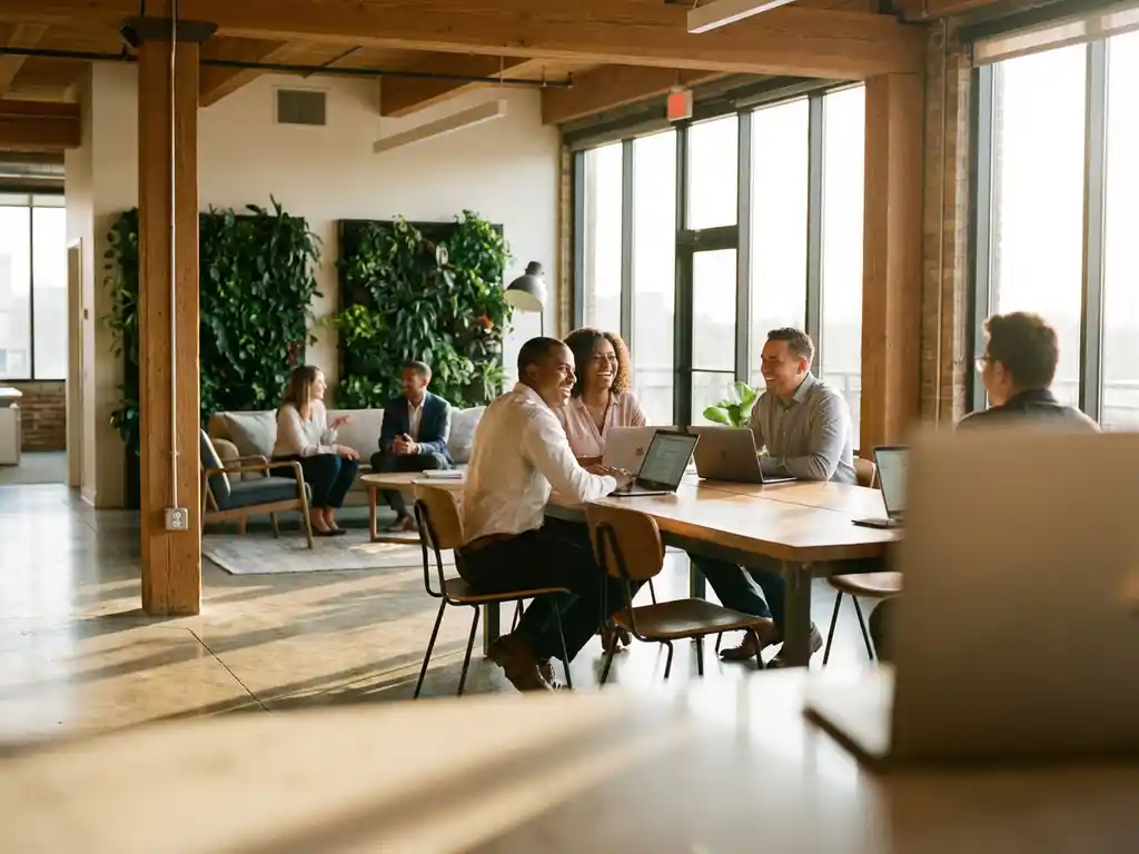 Diverse professionals collaborating in modern open office with natural lighting, wood accents, and green walls.