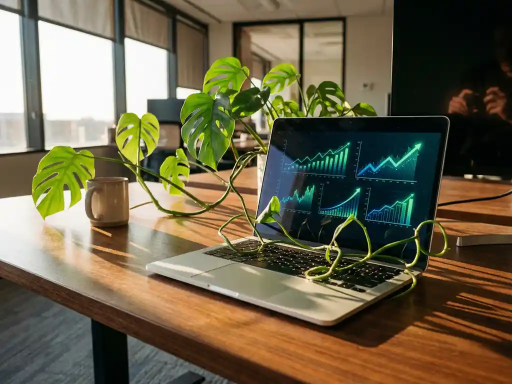 Green plant growing through laptop keyboard on modern office desk with growth charts on screen in golden sunlight