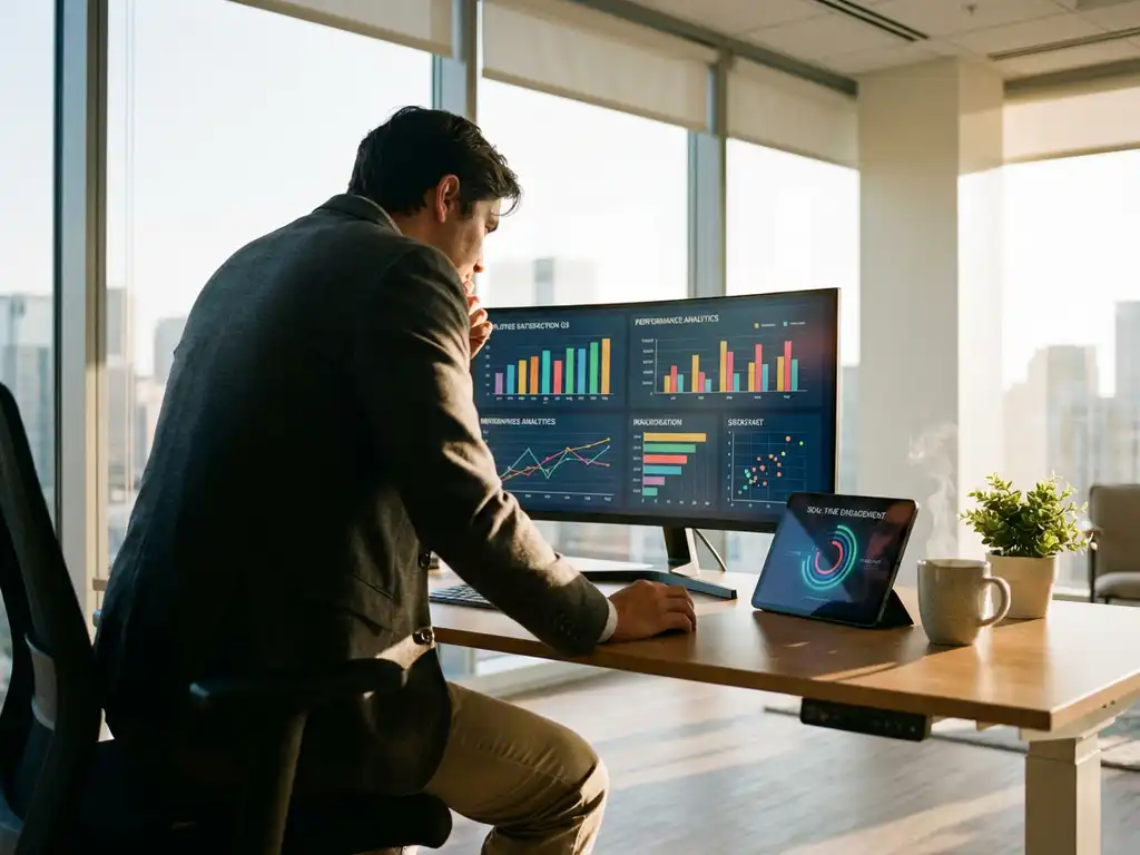 Office worker analyzing employee satisfaction charts and engagement metrics on monitor with AI tablet and coffee cup on desk