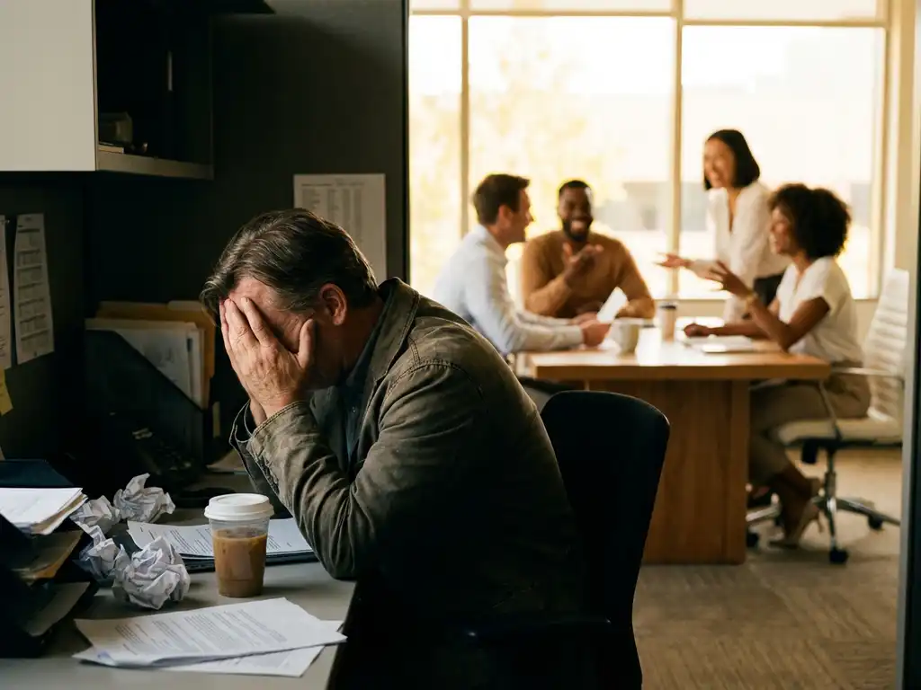 Stressed office worker with head in hands at cluttered desk while colleagues collaborate energetically in bright background workspace.