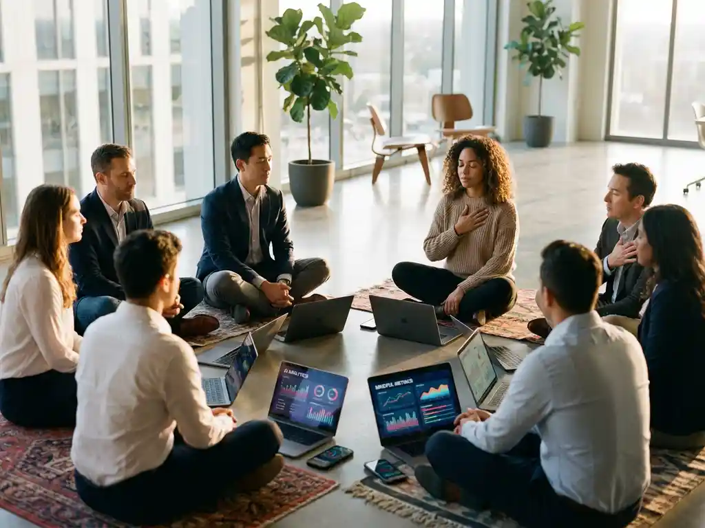 Diverse office workers meditating in circle with AI analytics on devices, surrounded by plants in sunlit modern workspace.