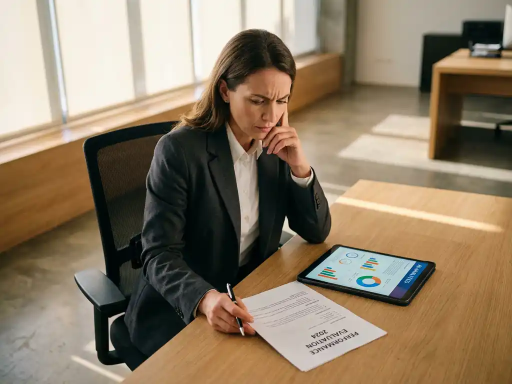 Professional woman in business suit reviewing performance evaluation document at modern office desk with AI tablet displaying data metrics