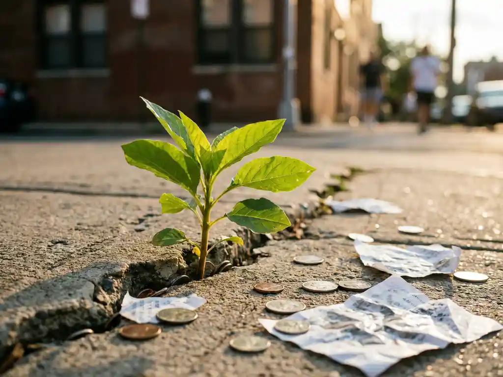 Green plant growing through crack in concrete pavement with scattered coins and business documents, sunlit leaves in focus.