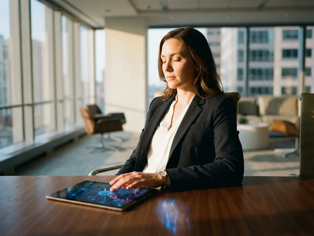 Professional businesswoman meditating at conference table with tablet displaying neural network patterns in natural light