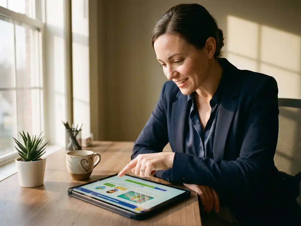 Professional woman in business attire using tablet with learning modules at modern office desk with natural lighting.