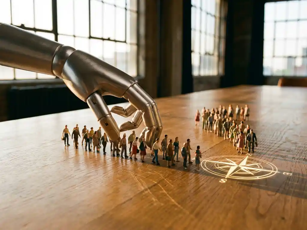 Robot hand guiding diverse miniature people toward glowing compass on wooden conference table in golden sunlight