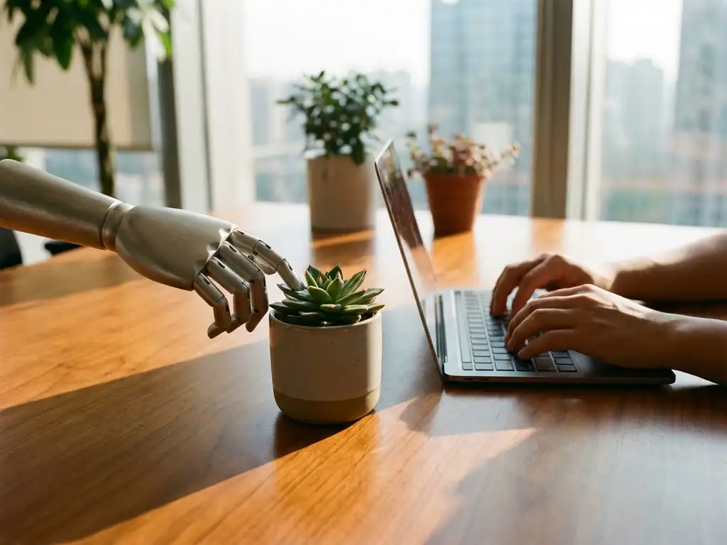 Robot hand adjusting green plant while human hands type on laptop at modern office desk with natural sunlight