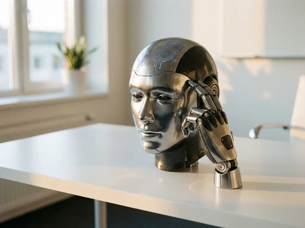 Humanoid robot head with chrome and carbon fiber finish in contemplative pose, hand touching temple on white desk