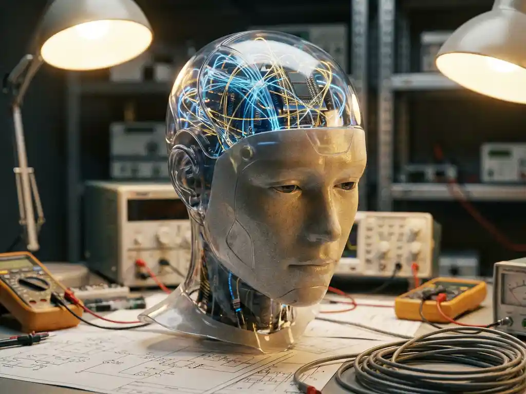 Humanoid robot head with transparent panels showing glowing neural circuits on laboratory workbench with technical equipment