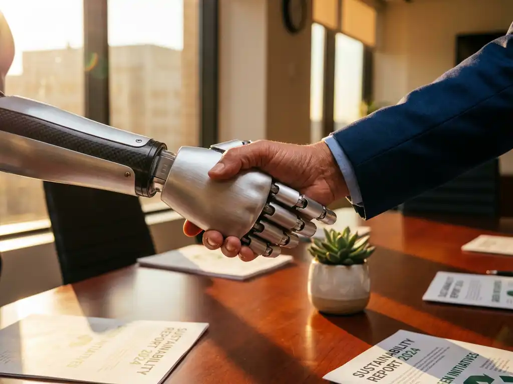 Robot hand and human hand in business suit shaking hands over conference table with sustainable business documents and plant