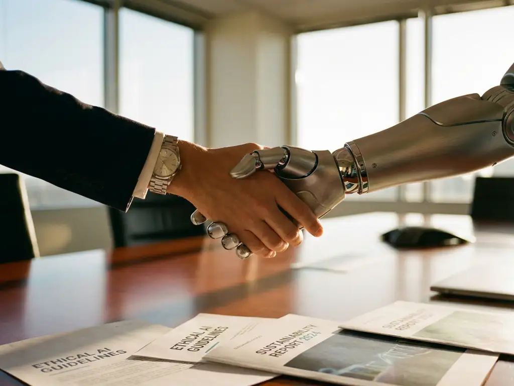 Robot hand and human hand shaking over conference table with business documents in bright office setting