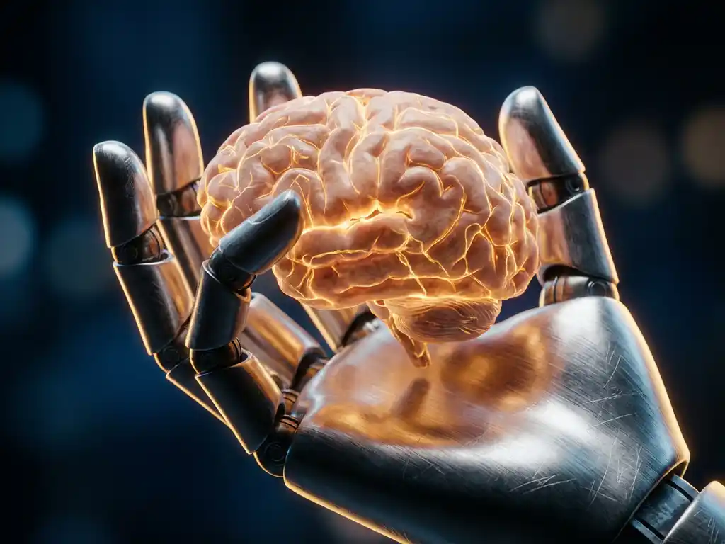 Robotic hand with metallic fingers gently holding a glowing human brain with visible neural pathways against dark background