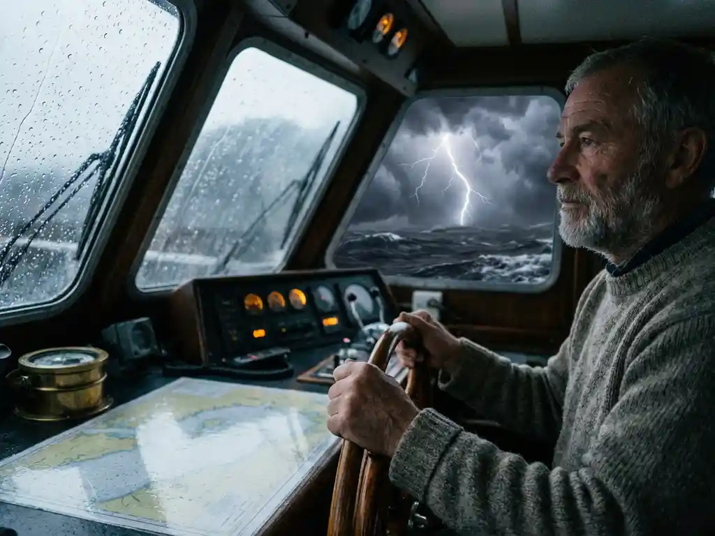 Ship captain gripping wheel with determination during fierce storm, rain on bridge windshield, lightning illuminating dark clouds