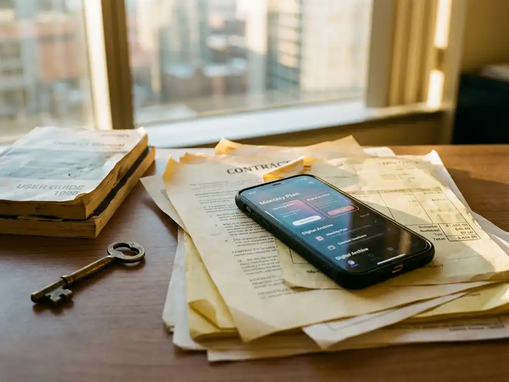 Modern smartphone with subscription app interface on stack of paper contracts and invoices with vintage brass key nearby