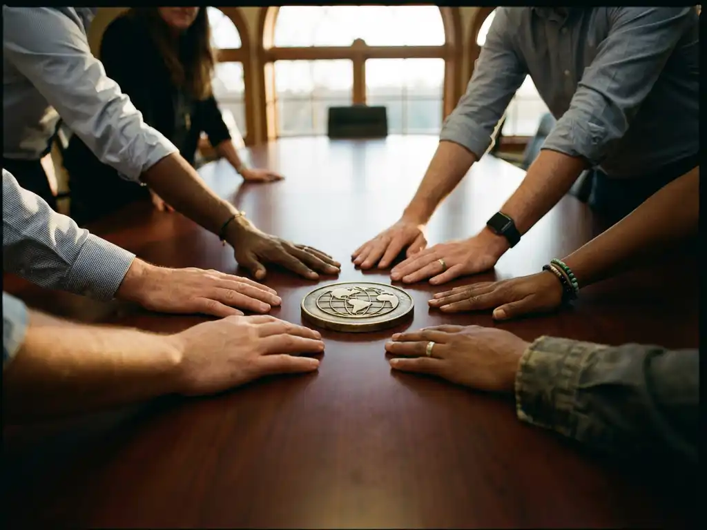 Diverse hands from different stakeholders reaching toward golden coin on conference table in natural lighting