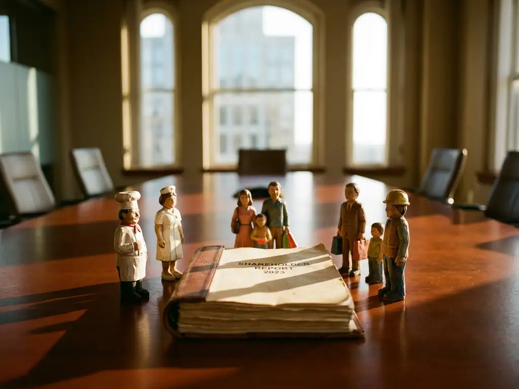 Wooden stakeholder figurines arranged around open shareholder report on mahogany boardroom table in golden sunlight