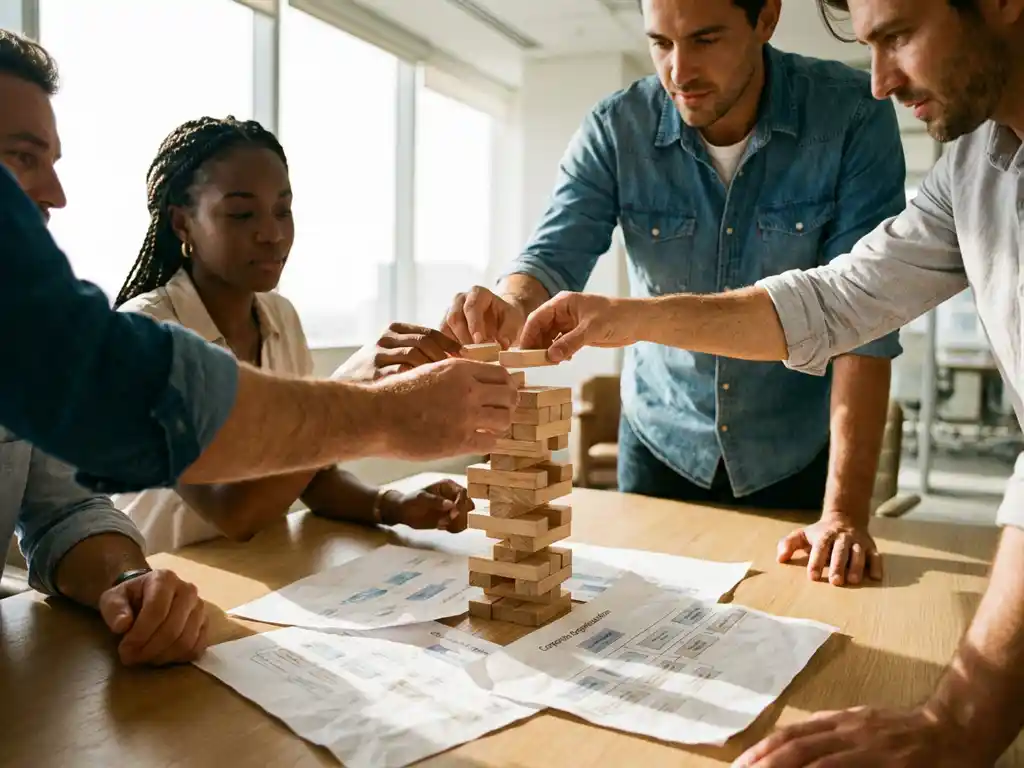 Diverse team of professionals collaborating to build wooden block tower on conference room table with scattered hierarchy charts