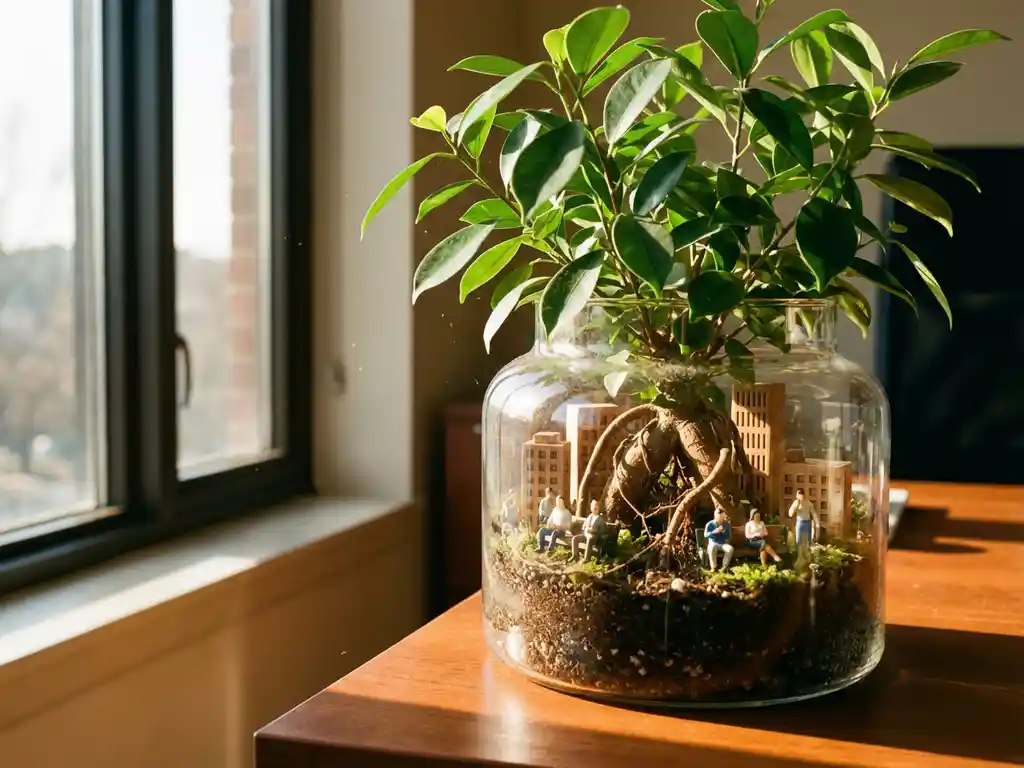 Green plant growing in glass terrarium with miniature wooden buildings and tiny figures among roots on modern desk