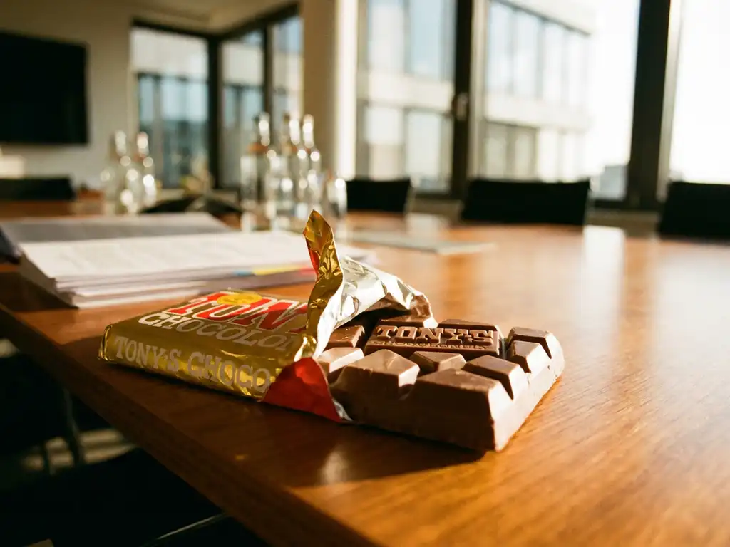 Tony's Chocolonely chocolate bar with distinctive unequal chunks on wooden table, golden wrapper partially opened