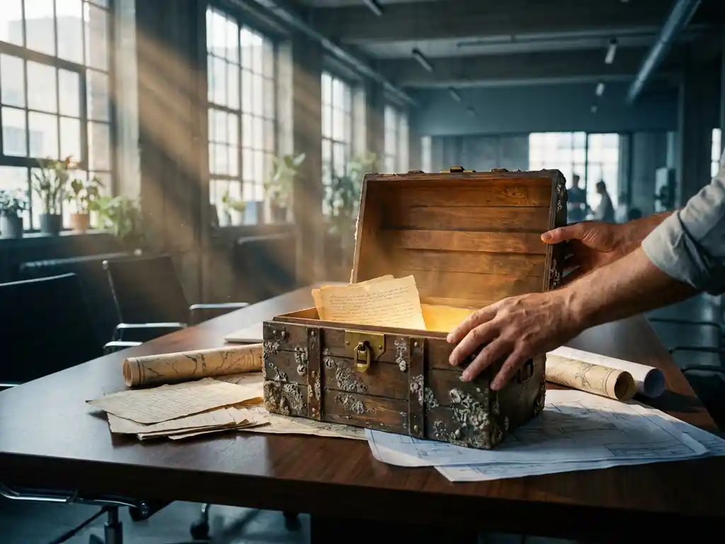 Open wooden treasure chest glowing with golden light on conference table, hands reaching toward it, business documents scattered around in sunlit office