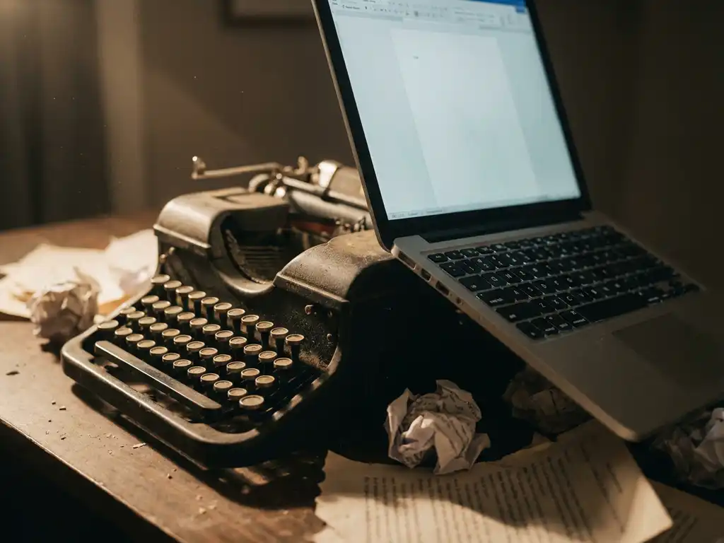 Vintage typewriter with modern laptop stacked on top, surrounded by crumpled papers in dramatic lighting.