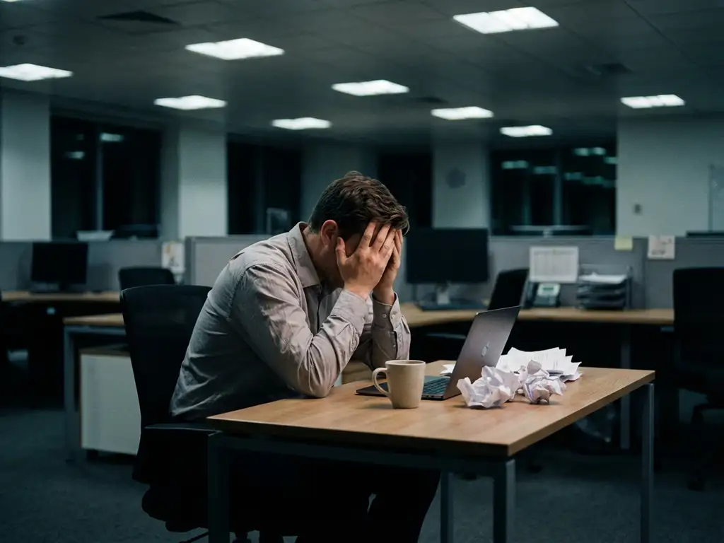 Exhausted office worker with head in hands at desk surrounded by scattered papers and empty coffee cup in corporate workplace