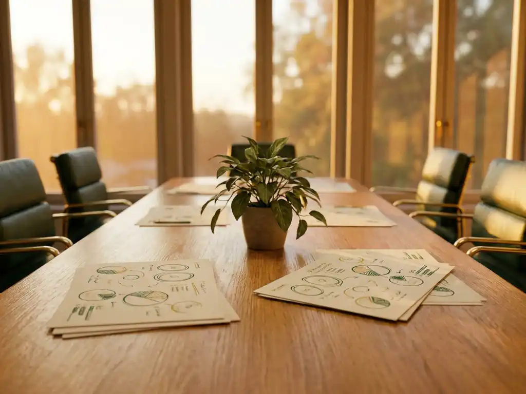 Polished oak boardroom table with a thriving green plant, stakeholder diagrams, and warm morning light streaming through floor-to-ceiling windows.