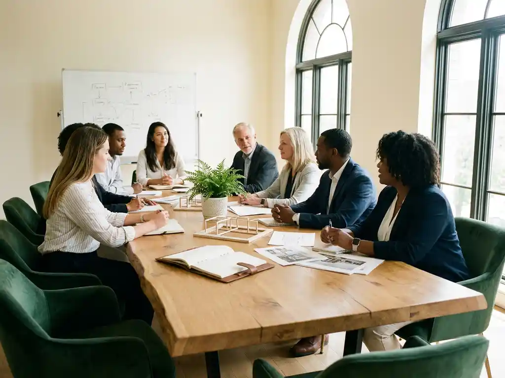 Diverse leaders collaborating around an oak table with open notebooks and frameworks, bathed in warm morning light with a whiteboard in the background.