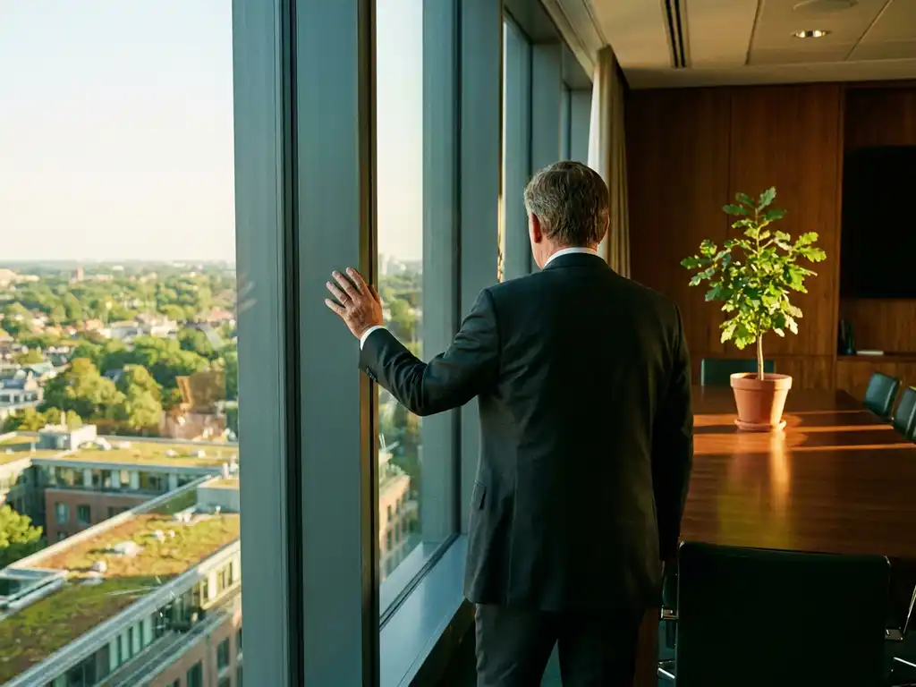 Senior executive in tailored suit gazing over green cityscape from boardroom window, oak sapling on conference table, golden afternoon light.