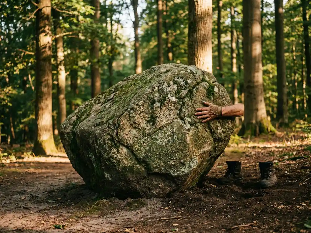 Person pressing a steady hand against a large mossy rolling boulder on a sunlit European forest path, feet planted in dark soil.
