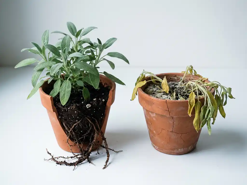 Healthy green plant with visible roots beside a wilting yellow plant in cracked dry soil, both in terracotta pots.