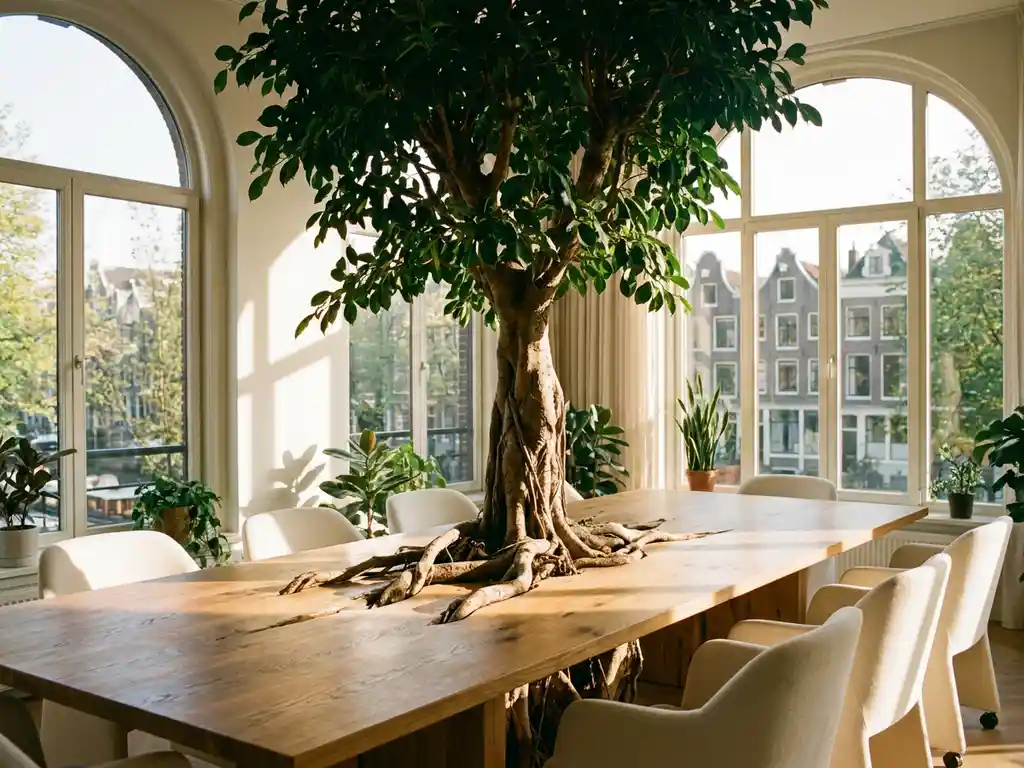 Thriving indoor tree growing from a polished boardroom table, roots merging with oak wood grain, sunlit modern Amsterdam office.