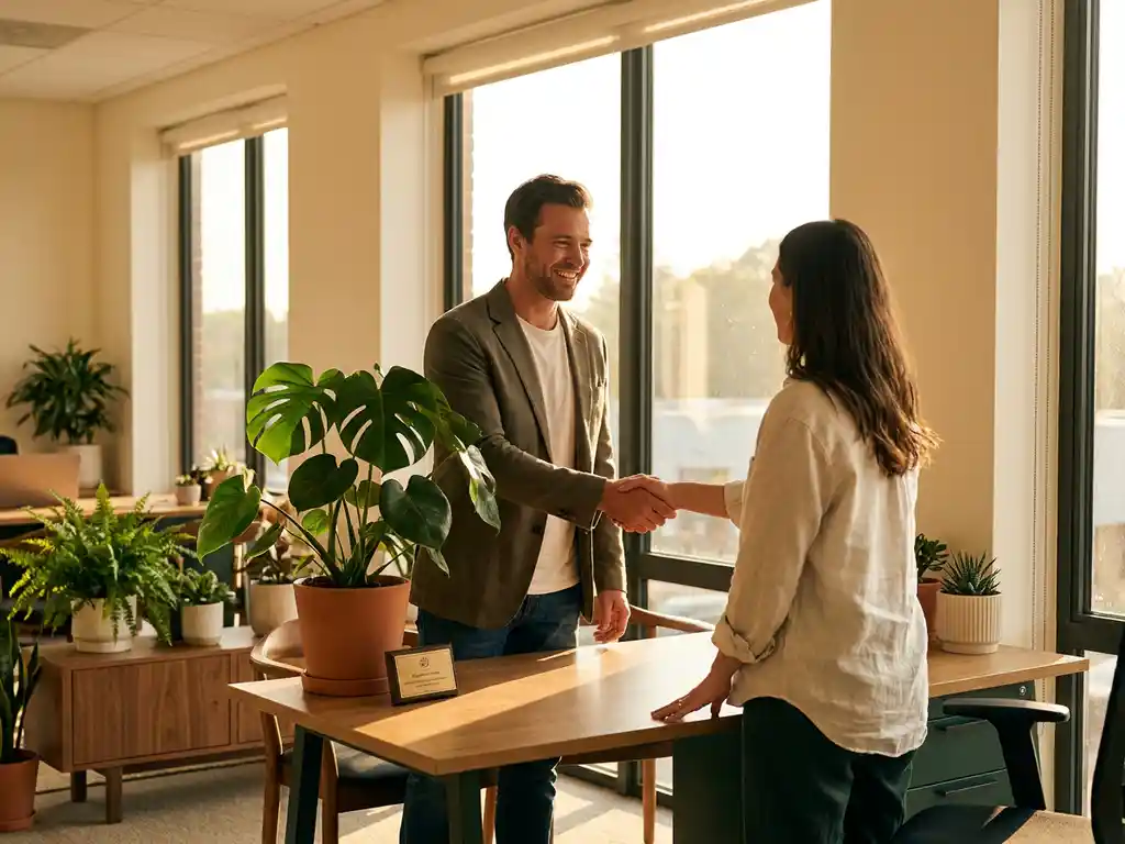 Loyal customer and business owner shaking hands in a sunlit modern office with lush green plants and warm wood tones.