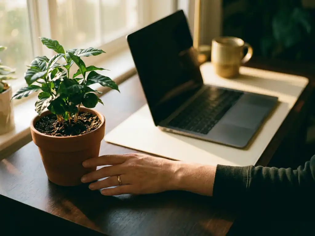 Hand resting beside a small plant growing in dark soil on a wooden desk, with an open laptop and warm morning light in the background.