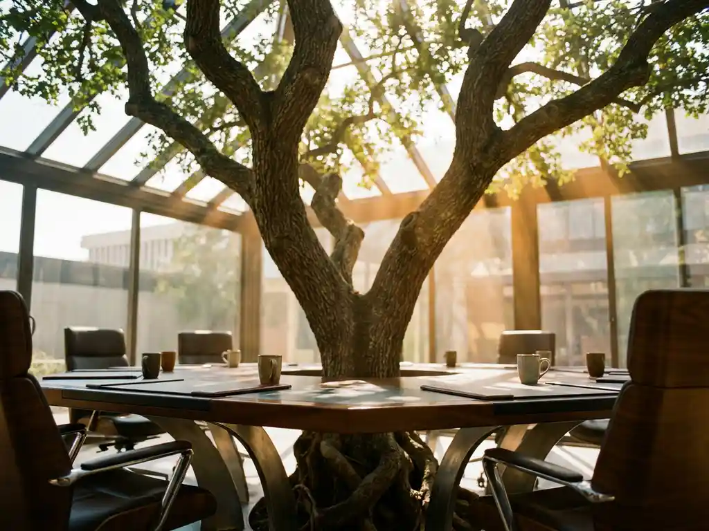 Mature oak tree growing through a modern boardroom table, roots entwined with the polished base, branches reaching a glass ceiling with golden light filtering through leaves.