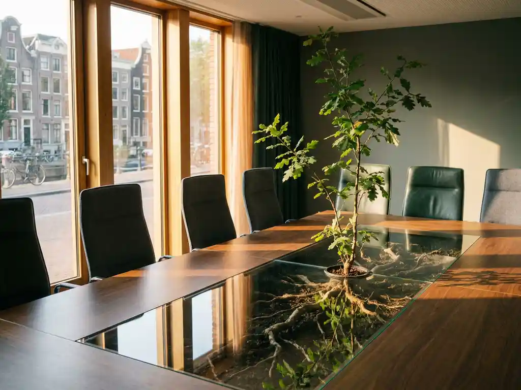 Oak sapling growing from a polished boardroom table, roots spreading beneath glass, surrounded by executive chairs in a sunlit Amsterdam office.