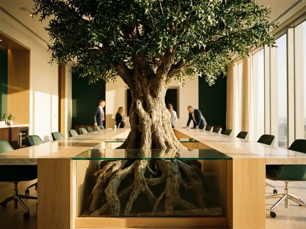 Mature oak tree with visible roots and full canopy growing from a modern boardroom table, bathed in warm golden afternoon light.