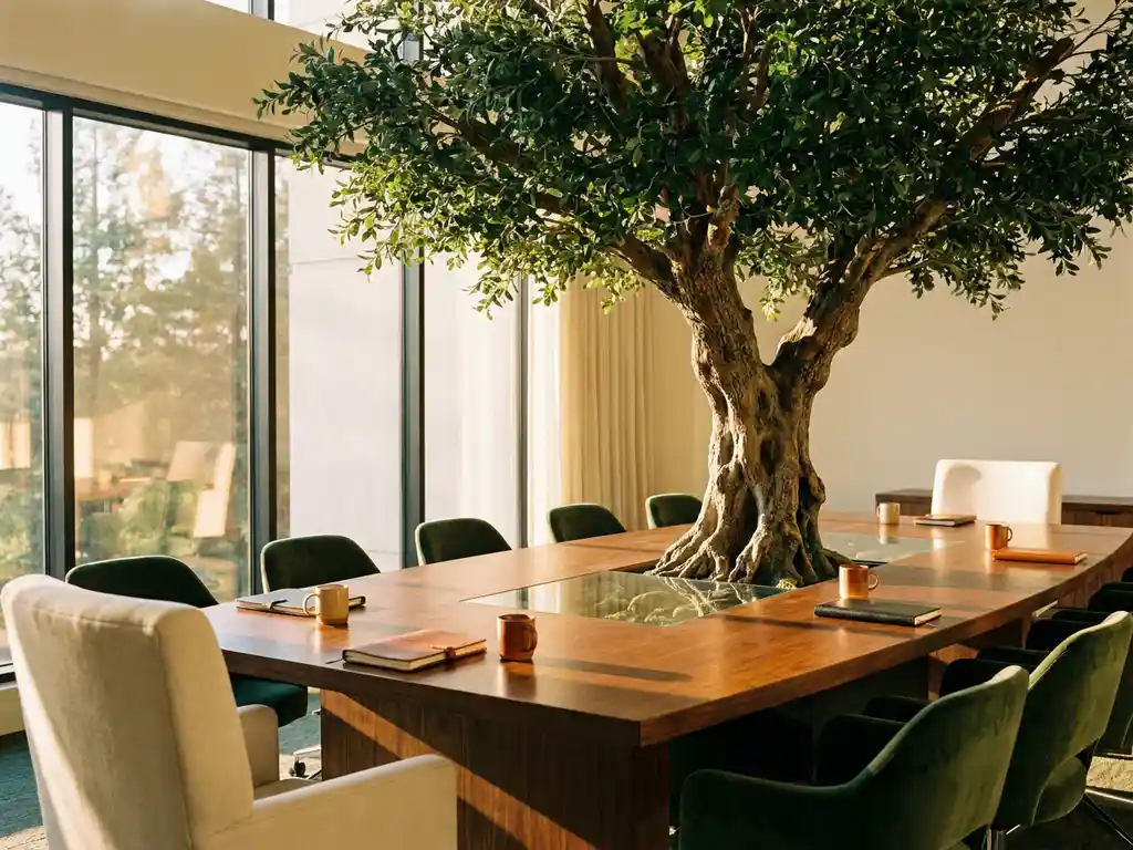 Oak tree with exposed roots growing through a polished boardroom table, morning light streaming through floor-to-ceiling windows.