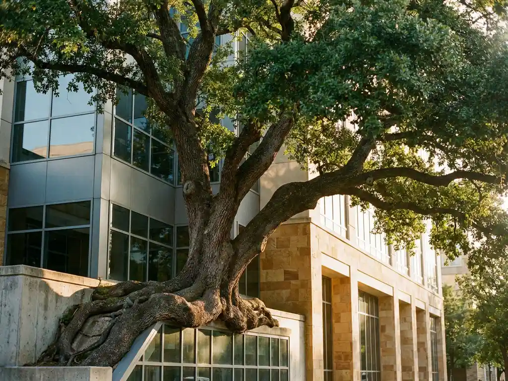 Oak tree with deep roots intertwining with a glass corporate building's foundation, green canopy contrasting structured architecture in warm morning light.
