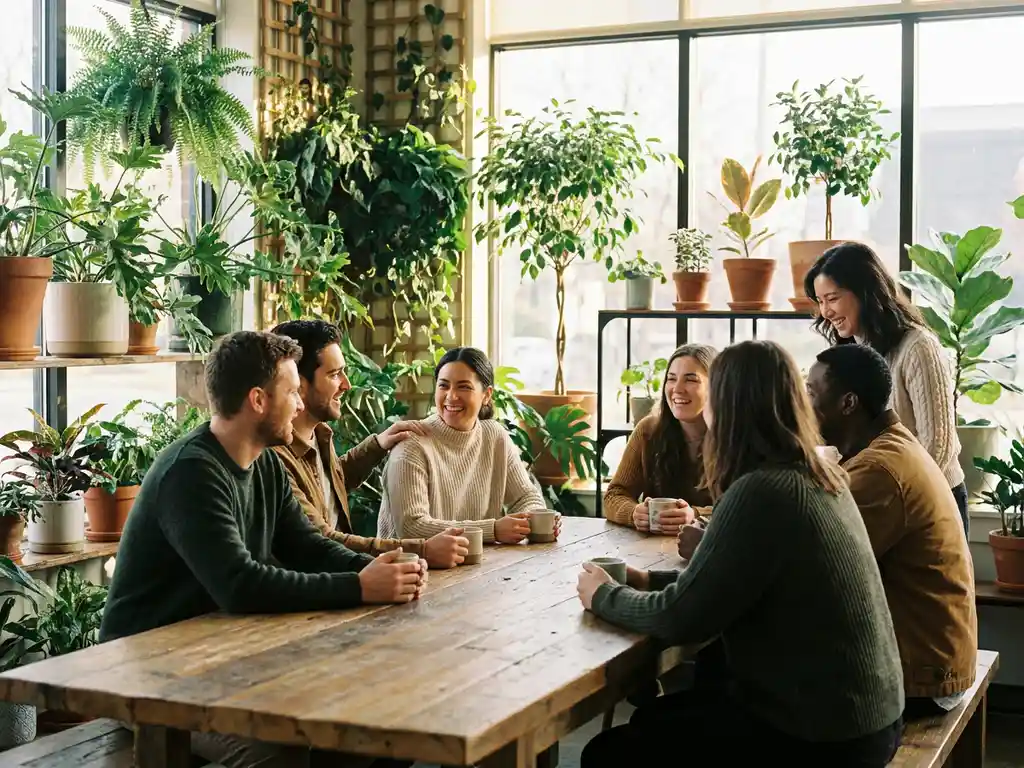 Diverse team gathered around a sunlit communal table in a lush indoor office garden, sharing genuine smiles in warm morning light.