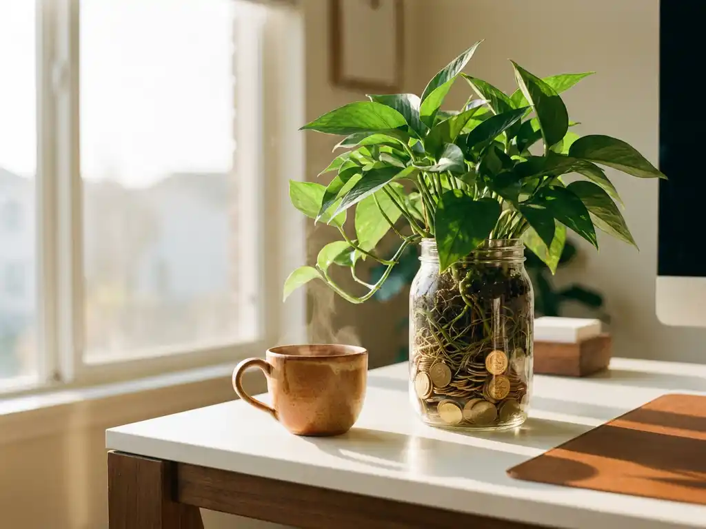 Healthy green plant growing from a glass jar filled with gold coins on a white desk beside a ceramic coffee mug, morning light.