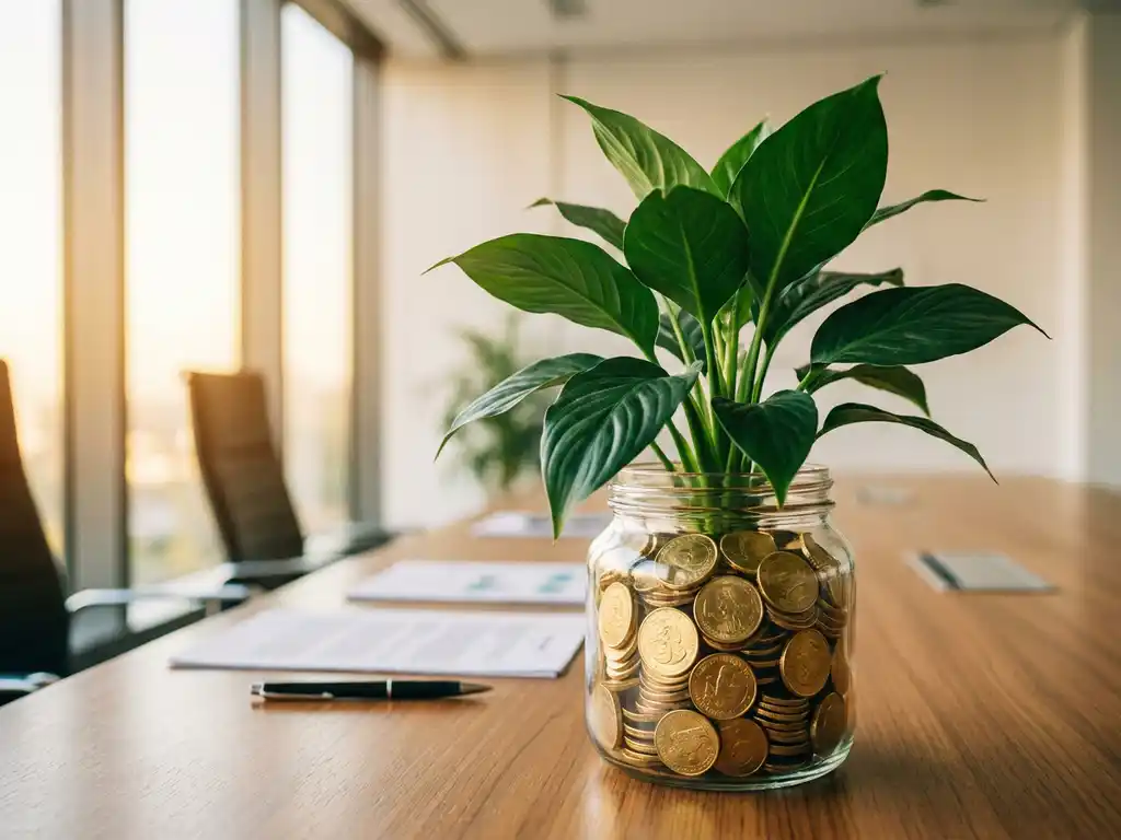 Thriving green plant growing from a glass jar of gold coins on a sunlit boardroom table with white papers and a pen.