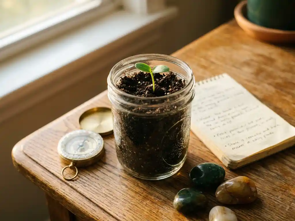 Seedling sprouting in a glass jar on oak wood, surrounded by a compass, handwritten notebook, and river stones in warm morning light.