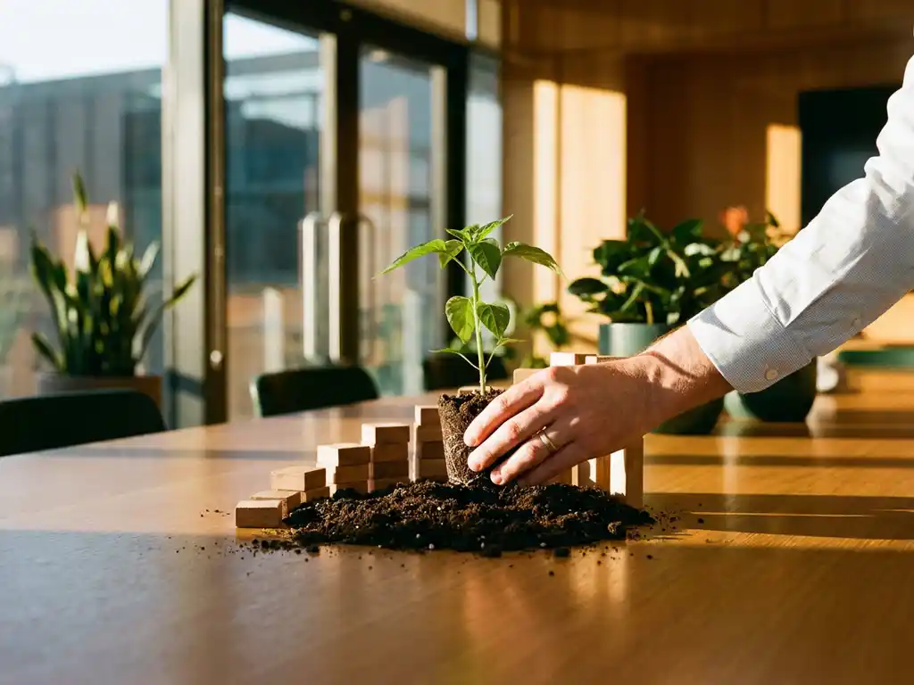 Hand planting a seedling in dark soil on a boardroom table, surrounded by wooden blocks arranged in ascending staircase steps, golden afternoon light.