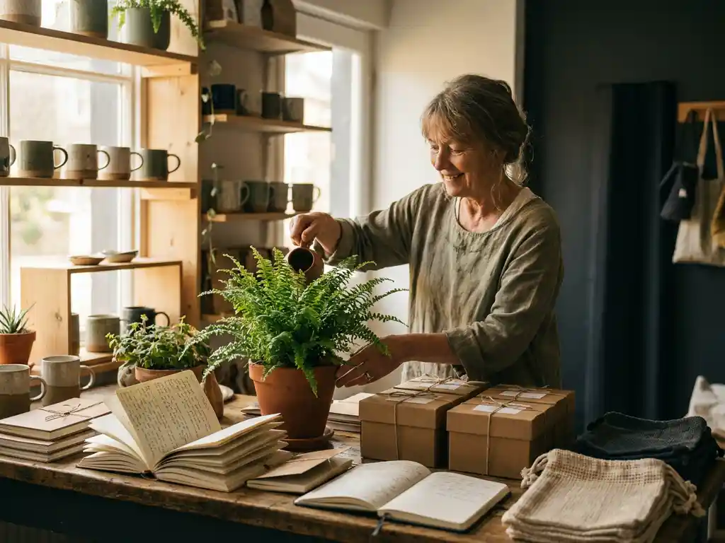 Independent shop owner tending a potted plant on a wooden counter beside handwritten notebooks and reusable packaging in warm morning light.