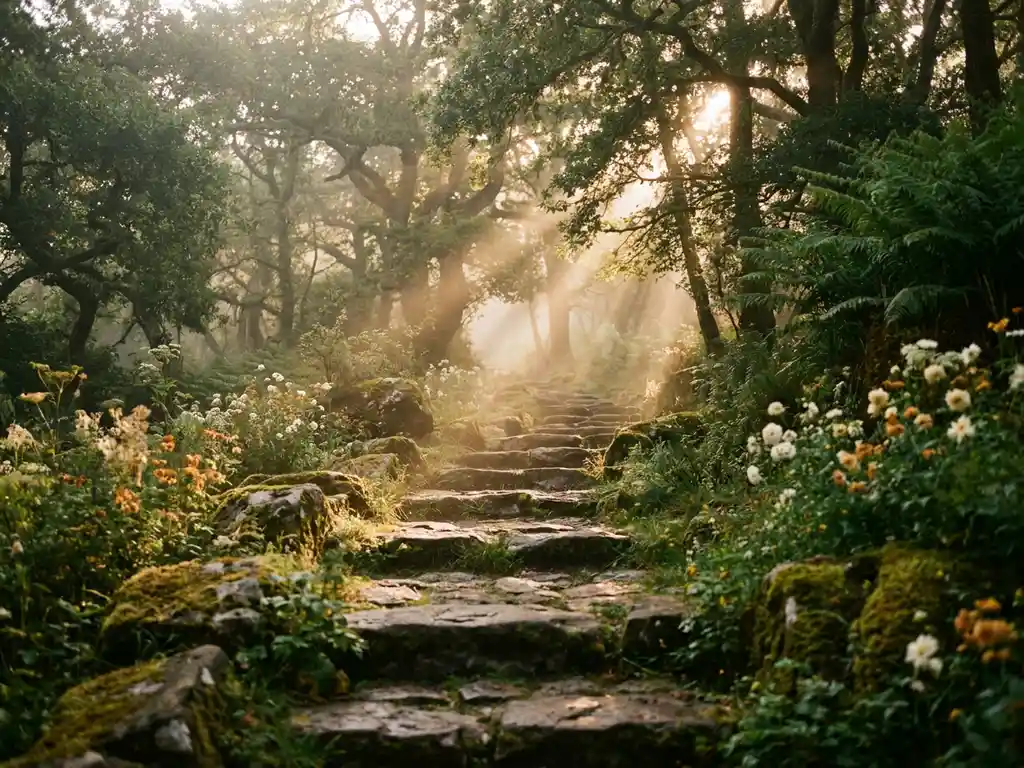 Winding stone path through a misty forest clearing, golden morning light breaking through tree canopy onto moss-covered stepping stones and wildflowers.