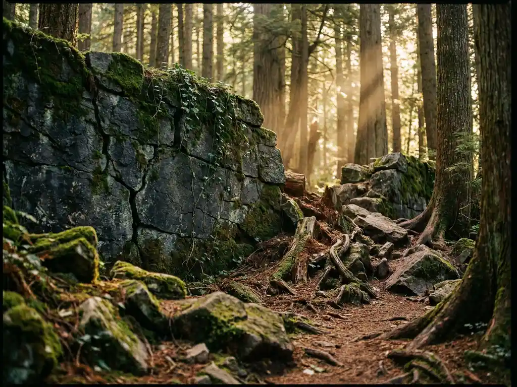 Towering moss-covered stone wall blocking a sunlit forest path, roots and rubble at its base, golden light filtering through tall trees.